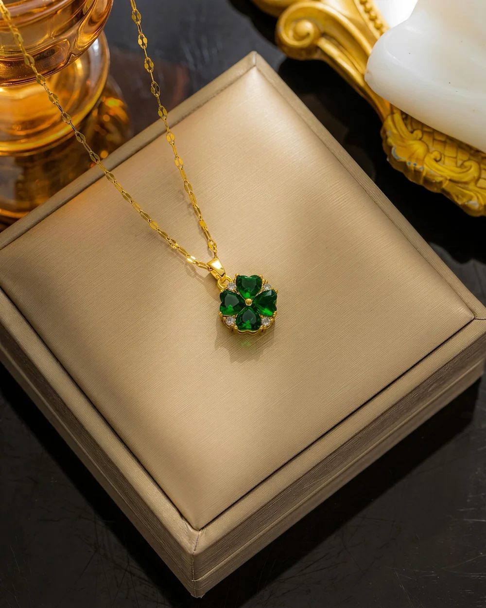 The Aurora Clover Pendant Titanium Steel Geometric Design Diamond Inlay Necklace in Green Diamond